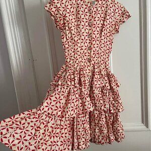 Vintage 1950s McDonald’s Palm Beach Tiered Cotton Party Dress – Red Floral Print